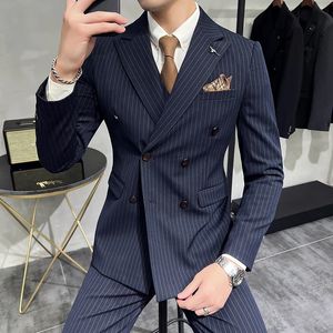 Blazervestpants Damat Düğün Erkek Takım Lüks Marka Moda Çizgili Erkek Günlük İş Ofisi Çift Kelime Etkili 240311