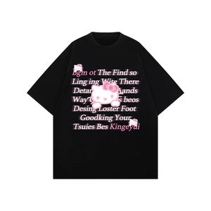 Marca Jiayiku Roupas Masculinas 2024 American Street Fashion Brand T-Shirt Cartoon Cat Alta Temperatura Pressionando Impressão Puro Algodão Mangas Curtas