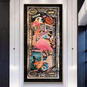 Graffiti-Flamingo auf goldenem Dollar, abstrakte Kunstdrucke, Geldbilder auf Leinwand, Wandgemälde für Wohnzimmer, Heimdekoration, Posters255s