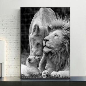 アフリカンライオンズファミリー黒と白のキャンバスアートポスターとプリント動物キャンバス絵画絵画家の装飾249V