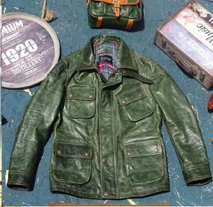 YR.US-Stil Vintage grüne M65-Echtlederjacke. Hochwertiger Jagd-Pferdeledermantel für Herren. Ledertuch in Übergröße 240304