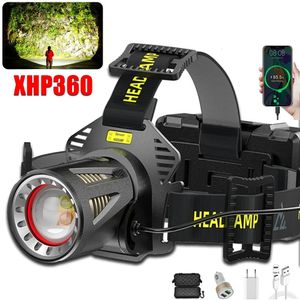 XHP360 LED LEDヘッドランプズーム可能なセンサーヘッドライトUSB充電式ヘッド懐中電灯屋外の防水釣り緊急パワーバンク240301