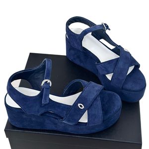 24ss Suede Womens Wedge Platform Heels Sandals Ladies Slingbacks Dress Shoes Adjustable Ankle Buckle Slides With Strass Wedding Shoe Pink Navy Blue Casual Shoe