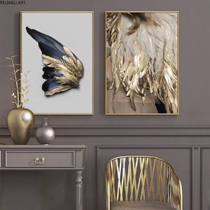 Скандинавские золотые и черные крылья, настенные картины на холсте, абстрактные листья, настенные художественные принты и постеры для гостиной, домашний декор308P