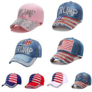 13 스타일 블링 다이아몬드 트럼프 2024 야구 모자 미국 선거 캠페인 모자 카우보이 다이아몬드 모자 조절 가능한 스냅 백 여자 데님 모자