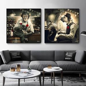 Abstract Monkey Drinking Wine and Dog Playing Piano Posters and Prints Canvas Paintings Wall Art Pictures for Living Room Home Dec274B