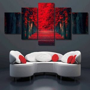 5pcs Set Framed Red Forest Büyük Ağaçlar Peyzaj Tuval Duvar Sanat Resim Resim Resim Oturma Odası Dekor298y