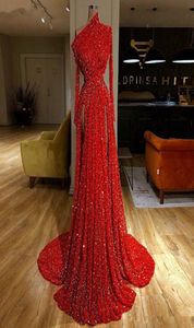 Reflective Red Sequins Evening Dresses 2020 Long Sleeves Ruched High Split Formal Party Floor Length Prom Dresses7108372