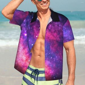 メンズカジュアルシャツピンクパープルギャラクシーハワイシャツマンビーチビンテージプリント半袖ハラジュクデザイン特大のブラウス