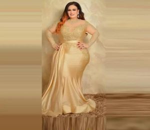 Gold Sexy Plus Size Formal Evening Dresses Elegant With Long Sleeves Gold Lace High Neck Sheath Special Occasion Dress Mother Of T9803918