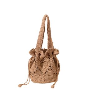 Hollow Single Shoulder Cotton Thread Woven Bag Ny handhållen blommorgräs Turism Vacation Beach 240312