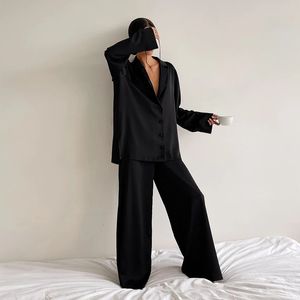 힐 로크 대형 새틴 실크 잉글 리그웨어 로우 컷 여자를위한 섹시 잠옷 싱글 브레스트 긴 소매 넓은 다리 바지 바지 슈트 240227