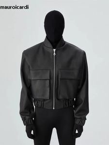 Mauroicardi primavera outono legal curto solto preto duro couro do plutônio bombardeiro jaqueta homens zíper bolsos roupas de grife luxo 240305