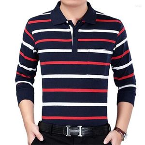 Men's Polos Autumn Fashion Contrast Stripe Pocket Lapel Long Sleeved Top Spring Slim Fit Casual Comfortable Versatile T-shirt