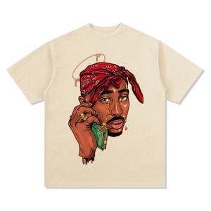 Retro American Hip-Hop Men's Printed Short Sleeved T-shirt tvättad lös bomull