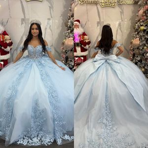 Baby Blue Princess Quinceanera klänningar bollklänning från axelapplikationer vestido de quinceanera tyll söt 15 maskeradklänning