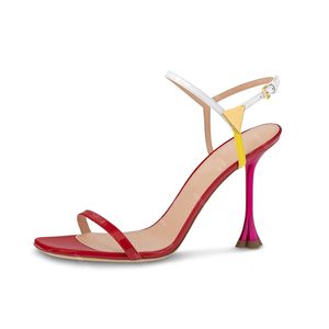 Słynne projektanci sandały buty do damskiej patentowej skórzana patchwork klamra moda pieczona lakier do obcasu 9,5 cm wysokiego obcasowego Rzym Sandał 35-42 z pudełkiem