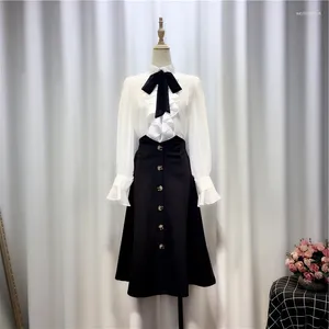 Work Dresses Elegant Women Sets Bow Neck Chiffon White Shirt And Mermaid Black Knee-Length Skirts Office Lady Clothing Suits