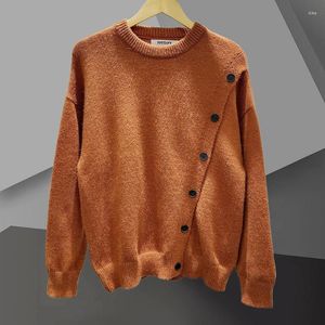 Herrtröjor Fallknapp Designtröja för män stickad rund hals Löst bröst split mens pullover pull homme