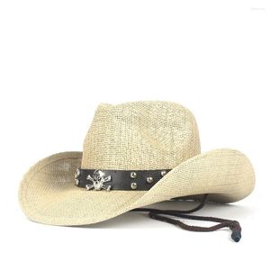 Berets 2024 Women Men Straw Hollow Western Cowboy Hat With Punk Brand Sombrero Hombre Beach Cowgirl Jazz Sun Size 56-58CM