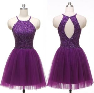 Dark Purple Halter Homecoming Dresses Cheap 2022 Beaded Sequin Crystal Open Back Tulle Draped Short Prom Dress Graduation Dress Pa4816714