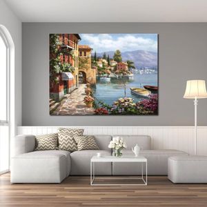 Dipinto a mano di arte moderna Pittura di paesaggio italiano su tela Arco mediterraneo Opera d'arte Sung Kim Lake Village per decorazione murale281b