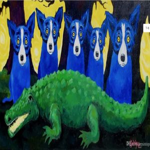 高品質100％手描きのモダンな抽象油絵のキャンバス動物絵画青い犬の家の壁装飾アートAMD-68-18-9255Z