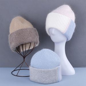 Vintermjuk hatt varm fluffig mössa mode kontrasterande färger angora stickad utomhus faux kanin päls kvinna cap 240227