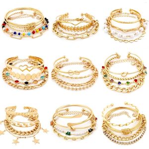 Bangle 4 pc moda link cadeia de ouro cor pulseira de metal conjunto para mulheres requintado personalizado strass jóias presente da menina