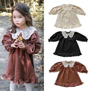 Koreansk höstklänning för baby flicka brun beige svart långa ärmar spetsning av krage prinsessa barn kläder e828 240301