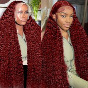 250 Densitet 30 40 tum 99J Bourgogne Deep Wave 13x4 Spets Front Human Hair Wig 13x6 Spets Frontal Red Curly Wigs Remy för kvinnor