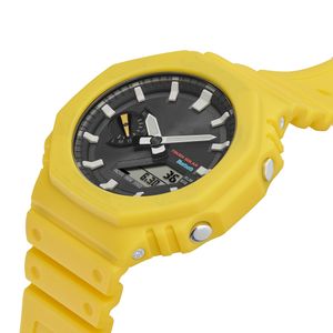 Men's Yellow Sport Digital Quartz 2100 Watch Full Featured World Time LED Automatic Hand Raising Light GA Oak Series 2559