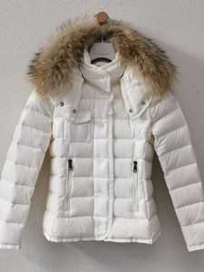 Designers monclair jacka kvinnor vinter franska märke förtjockning huva parkor verkligen räv päls krage gooses ner kappa vit svart färg rascoon päls outwear eur size