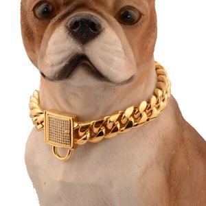 Diamond Buckle Dog Chain 14mm Pet Dog Collar Rostfritt stål Pet Gold Chain Cat Dog Collar Accessories278G