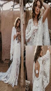 Vintage Bohemian Wedding Dresses With Wrap Lace Appliced ​​Sweep Train V Neck Tassel Hollow Back Beach Wedding Dress Plus Size Brid6955884