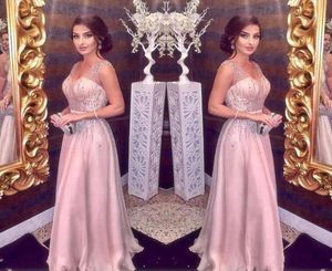 Elegant Blush Pink Evening Dresses Long 2022 ALine Sexy Straps V Neck Major Beading Prom Party Red Carpet Dress Girls Pageant Gow5073813