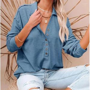 Women's T Shirts Comfortable Pullover Loose Button V-Neck Casual 2024 Spring/Summer Fashion Solid Color Long Sleeve Top T-shirt