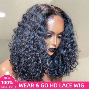 Cabelo do bebê sem cola onda de água hd fechamento do laço bob perucas cabelo humano pré arrancado curto ondulado cachos perucas para mulher brasileira