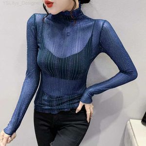 Women's T-Shirt Sexy Mesh Shiny Long Sle T Shirt Women Transparent Club Party Black Tee Sexy Thin Fe Bottoming Blouses S-2XL Shirts Tops L24312