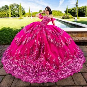 Roserot von der Schulter Quinceanera Kleider Applikation Spitzenkristallperlen Paillettenkleid Corset Vestidos para xv anos