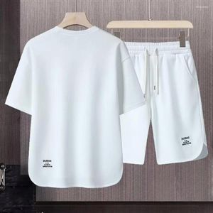 Herrspårar med kort ärm T-shirt-shorts Ställ Retro Sportkläder med Ice Silk Loose Fit Round Neck Top för Active