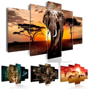 Sem moldura 5 painéis pintura de animais imagens impressas em tela arte decoração de parede para casa imagem colorida girafa leão elefante251z