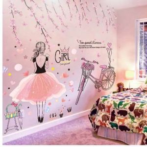 Shijuhezi Cartoon Girl Wall Stickers PVC Material DIY Peach Flowers Bicycle Wall Decal for Kids Rooms Baby Bedroom Decoration229Q