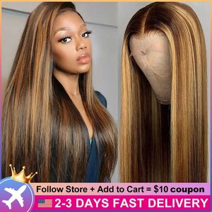 Highlight Ombre Lace Front Wig Human Hair Honey Blonde Straight Remy Wig Free Part HD Transparent Lace Front Wig for Black Women