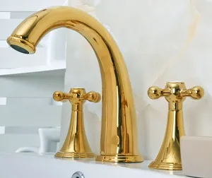 Bathroom Sink Faucets Deck Mounted 3 Holes Bath Tub Mixer Tap Gold Color Polished Brass Widespread 2 Handles Basin Faucet Agf021