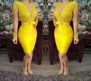 2020 섹시한 노란색 레이스 이브닝 형식 드레스 긴 짧은 무도회 칵테일 드레스 로브 드 소리 로브 로브 Soiree3349281