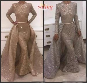 Sparkly Gold paljetter Mermaid Prom -klänningar med avtagbara tåg Långa ärmar 2020 Nyaste aftonklänning Formell tillfälle slitage2180305