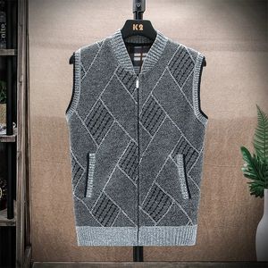 Mens Wool Sweaters Vest Autumn Winter Fleece Warm Casual Zipper Cashmere Sleeveless Solid Sweater Sticked Veste Men kläder 240312
