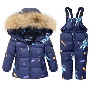 Daunenmantel 2024 Winter Kinder -30 Grad Schneeanzug Gedruckt Cartoon Elastische Taille Overall Ser Pelz Kragen Dicke Warme Jacke Kind Outfit