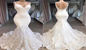 2022 África Estilo Sereia Tiras de Espaguete Vestidos de Casamento Slim Lace Apliques Tribunal Trem Mergulhando Voltar Vestidos de Noiva Jardim Forma6648326